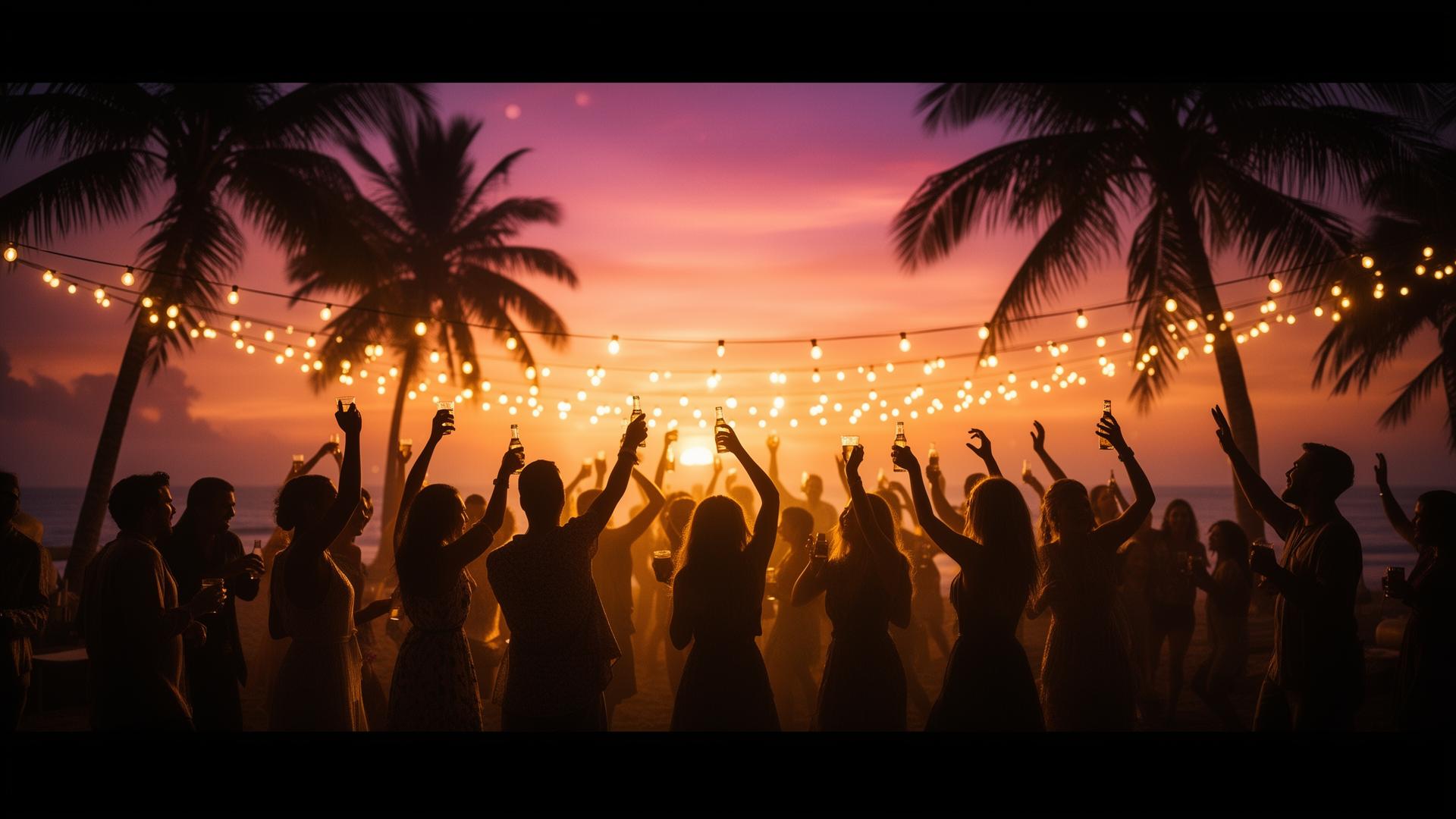 Ambiance événementielle FreshTrip : amis qui trinquent avec des cocktails glacés au coucher de soleil sur la plage