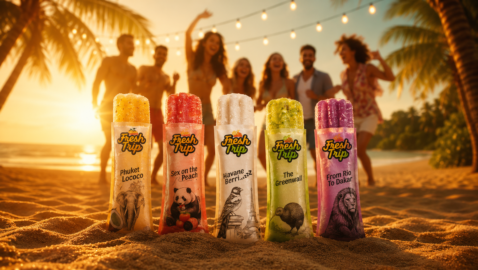 Coucher de soleil sur la plage, cocktails glacés FreshTrip dans le sable