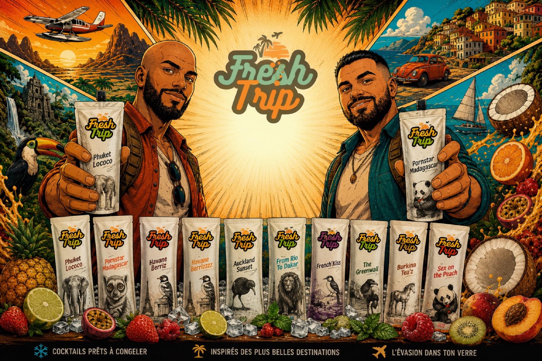 FreshTrip — deux amis partis à l'aventure du goût, illustration façon bande dessinée