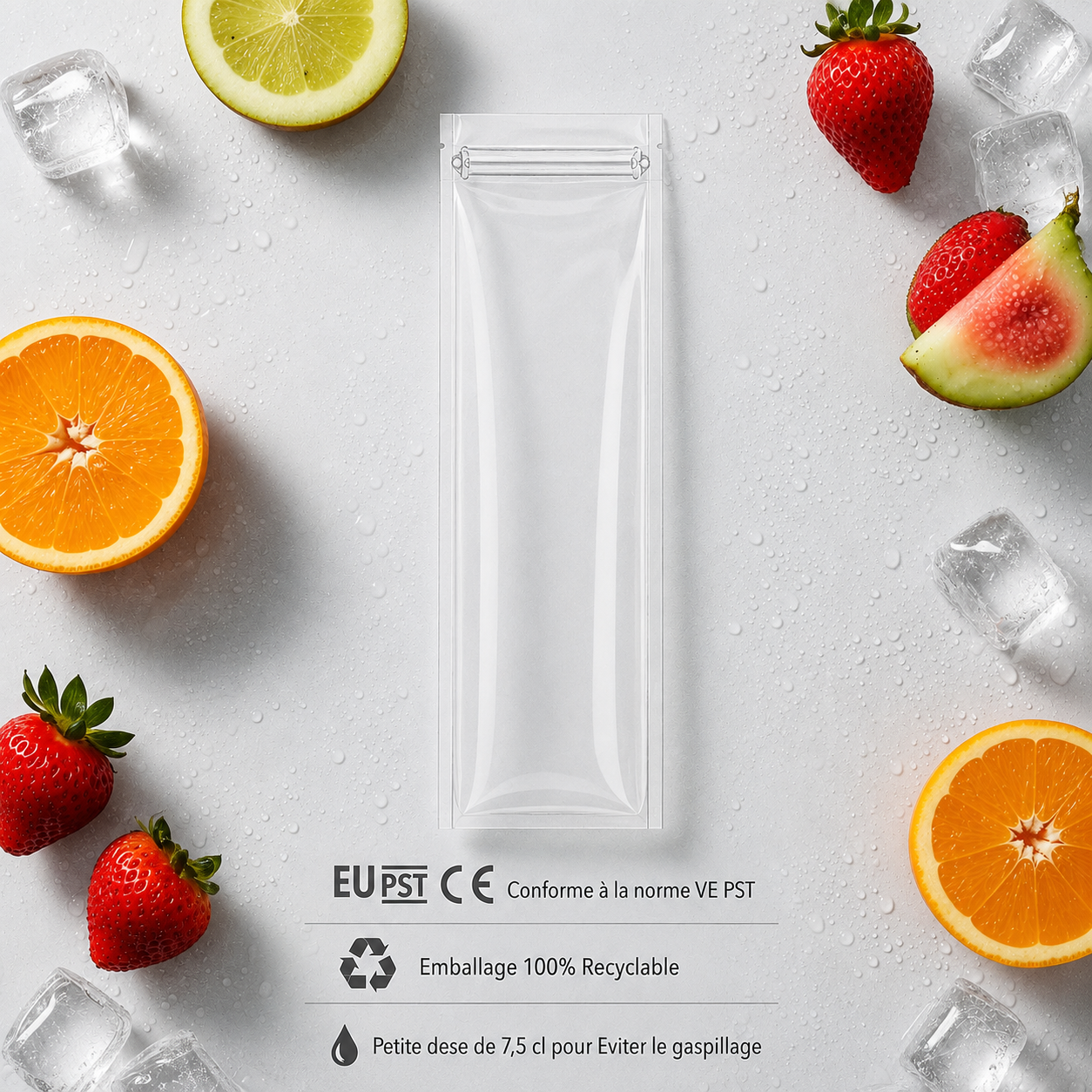 Pochette de cocktail glacé FreshTrip entourée de fruits frais et de glaçons